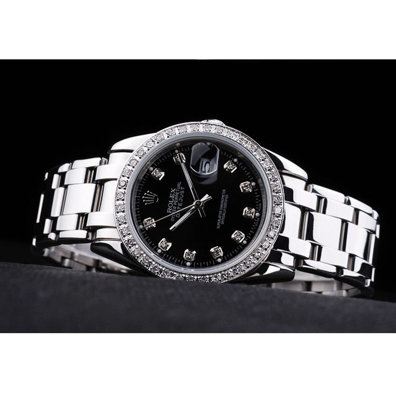 AAA Replica Watches Steel Black DateJust Rolex Bracelet Bezel Stainless Dial Diamond 0721